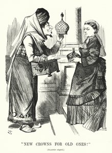 Punch cartoon: Nové koruny pro staré. Benjamin Disraeli (jako Aladdin) s královnou Viktorií - zákon o královských titulech z roku 1876, který uznává královnu jako císařovnu Indie (rytina)