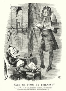 Punch cartoon: Save Me from My Friends - duch sira Christophera Wrena a výzdoba katedrály svatého Pavla v Londýně (rytina) od John (after) Tenniel