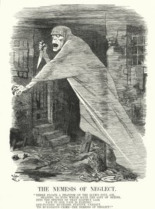 Punch cartoon: The Nemesis of Neglect - chudoba a zločin v Londýně v době vražd Jacka Rozparovače (rytina)