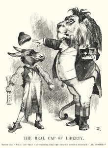 Punch cartoon: The Real Cap of Liberty - nadřazenost britské konstituční monarchie nad republikanismem (rytina) od John (after) Tenniel