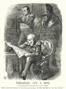 Punch cartoon: Versailles, 5. října 1870 - ponížení Francie ve francouzsko-pruské válce (rytina)