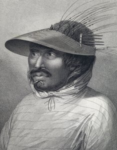 Portrét muže z Oonalashky (nebo Unalaska, Aljaška, Spojené státy). Rytina z konce 18. století, autor William Sharp () , podle Johna Webbera (1751-1793).