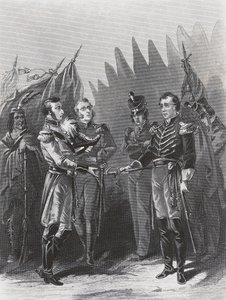 Vzdání se amerického generála Williama Hulla britským jednotkám a indiánským válečníkům v Detroitu, 15. července od Walter Charles Mills