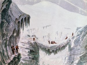 Lezení na Mont Blanc, horolezci zavěšeni na trhlině, akvarel, Francie od Walter Charles Mills