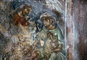 Freska Svaté rodiny, byzantský kostel Ayios Stephanos, Drakona, Kréta, Řecko (foto) od Walter Charles Mills
