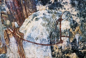 Kůň, poškozená freska na stropě v kostele Agios Vasileios, Vavouledo, Kréta, Řecko (foto) od Walter Charles Mills