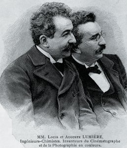 Portrét Auguste Marie Louis Nicolas Lumiere (1862-1954) a Louis Jean Lumiere (1864-1948), francouzských podnikatelů a vynálezců filmového projektoru, rytina z fotografie od Walter Charles Mills