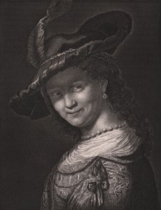Portrét Saskie van Uylenburgh (1612-1642), manželky Rembrandta, rytina L Raaba z malby Rembrandta, z Payne