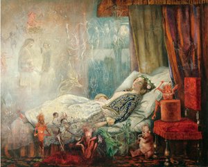 "Le reve apres le bal masque"" (Sen po maškarním plese) Peinture de John Anster Fitzgerald (1832-1906), - Olej na plátně, 35,5x44,5 - Soukromá sbírka od John Anster Fitzgerald
