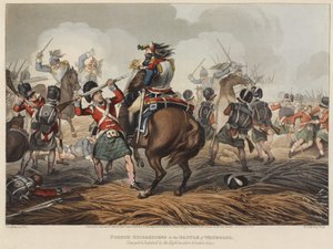 Francouzští kyrysníci v bitvě u Waterloo dobiti a poraženi Highlanders a Scotch Greys, vyryto M. Dubourgem, 1819 (barevná akvatinta)