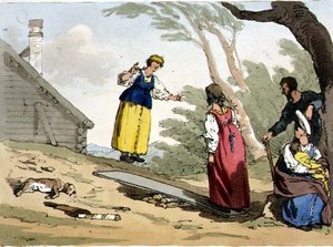 Skákání na prkně, deska 54 ze svazku II knihy "Mravy, zvyky a zábavy Rusů", lept autora, vyd. 1804 (akvatinta) od John Augustus Atkinson