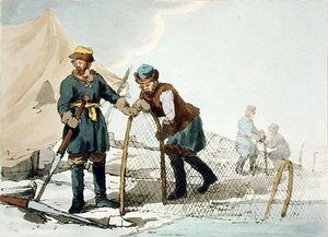 Zimní rybaření, leptané umělcem, vydáno 1804 (barevné lito) od John Augustus Atkinson