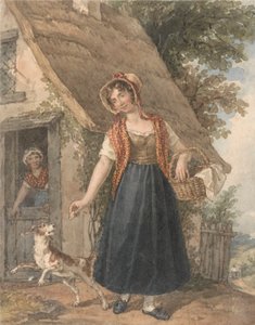 Mladá žena se psem před vchodem do chaty od John Augustus Atkinson