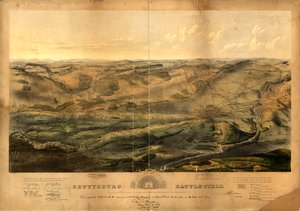 Gettysburgské bitevní pole. Bitva vybojovaná u Gettysburgu v Pensylvánii 1., 2. a 3. července 1863 federálními a konfederačními armádami, kterým velel Genl. G. G. Meade a Genl. Robert E. Lee od John Bachelder