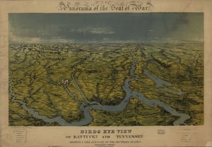 Pohled z ptačí perspektivy na Kentucky a Tennessee s vyznačením Káhiry a části jižních států. LOC 99447069