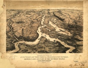 Pohled z ptačí perspektivy na křižovatku řek Ohio a Mississippi s Káhirou a částí jižních států LOC 99447003.