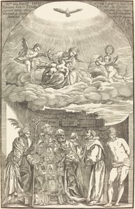 Panna v oblacích a Šest svatých od John Baptist Jackson after Titian