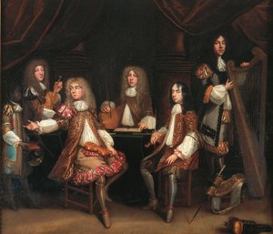 Crimson Bedchamber, portrétní skupina pánů s hudebními nástroji, o které se tradičně říká, že zobrazuje kabalské ministerstvo krále Karla II (olej na plátně) od John Baptist de Medina