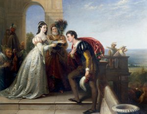 "Rosalinde et Orlando" Personnages de la piece de theatre "Comme il vous plaira" de William Shakespeare. (Rosalinda a Orlando ze Shakespearova díla "Jak se vám líbí") Peinture de John Bridges (1818-1854) Collection privee od John Bridges