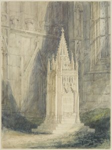 Návrh pro Chatterton Cenotaph v kostele St Mary Redcliffe (akvarel a tělová barva přes tužku, s křídou a škrábáním, na papíře)