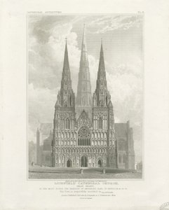Katedrála Lichfield – západní fronta: rytina, nd [c 1820]