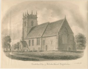 Adbaston Church: sépiová kresba, 1843 od John Buckler