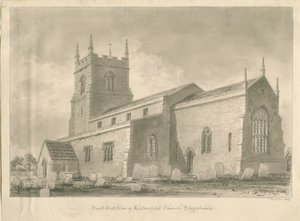 Alstonfield Church: sépiová kresba, 1839 od John Buckler