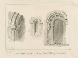 Brewood - Whiteladies Priory (Ruin) : sépiová kresba od John Buckler