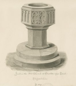 Burton-upon-Trent - Font ve starém kostele: sépiová kresba od John Buckler