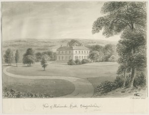 Cheddleton - Ashcombe Hall: sépiová kresba, 1844 od John Buckler