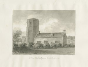 Dilhorne - Církevní a gymnázium: sépiová kresba od John Buckler