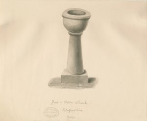 Písmo v Acton Trussell Church: sépiová kresba, 1841 od John Buckler