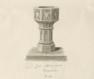 Písmo v kostele Blore: sépiová kresba, 1839 od John Buckler