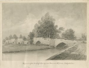 Handsacre - Old High Bridge: sépiová kresba, 1839 od John Buckler