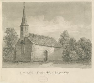 Haselour Chapel: sépiová kresba, 1828 od John Buckler