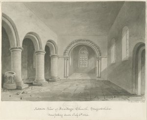 Interiér kostela Armitage: sépiová kresba, 6. července 1844 od John Buckler