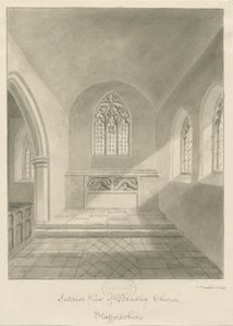 Interiér Bradley Church: sépiová kresba, 1842 od John Buckler