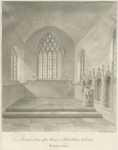 Interiér Cheddleton Church: sépiová kresba od John Buckler
