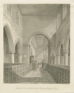 Interiér kostela Eccleshall: sépiová kresba, 1842 od John Buckler