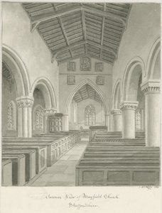 Interiér Mayfield Church: sépiová kresba, 1844 od John Buckler