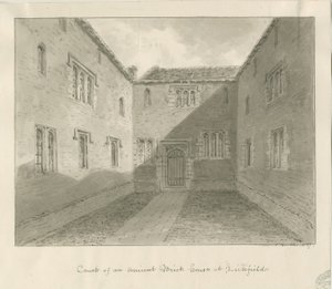 Lichfield - Court Yard of Old House in The Close: sépiová kresba od John Buckler