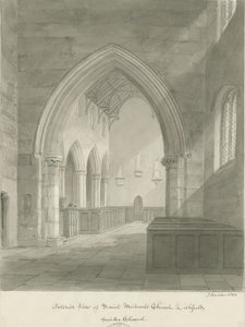 Lichfield - interiér kostela sv. Michala: sépiová kresba od John Buckler