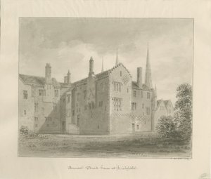 Lichfield - Old House in The Close: sépiová kresba od John Buckler