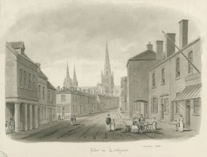 Lichfield - Pohled na ulici: sépiová kresba, 1843 od John Buckler