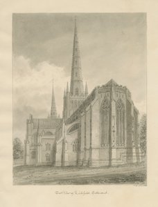 Katedrála Lichfield - východní pohled: sépiová kresba, 1838 od John Buckler