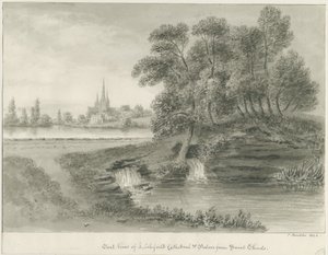 Katedrála Lichfield - Východní pohled: kresba sépie, 1844 od John Buckler
