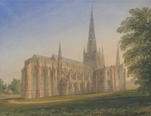 Katedrála Lichfield – pohled na severovýchod: malba vodovými barvami, nd [1770-1851] od John Buckler