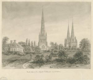 Katedrála Lichfield - severní pohled: sépiová kresba, 1838 od John Buckler
