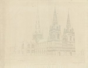 Katedrála Lichfield - pohled na severozápad: lept, 1807 od John Buckler