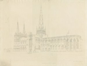 Katedrála Lichfield - South East View: obrysový lept, nd [1808] od John Buckler